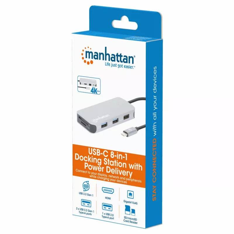 Manhattan USB-C Dock / Hub su kortelių skaitytuvu, 6 prievadai: Ethernet, HDMI, USB-A (x3) ir USB-C, su Power Delivery (100 W) USB-C prievadui, universalus, kabelis 15 cm, aliuminis, sidabrinis