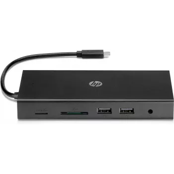 USB-C kelių prievadų stotelė HP Travel – HP 1C1Y5AA, USB-C jungtis, HDMI 2.0, VGA, 1×RJ-45, 2×USB-A 3.2 Gen1, 2×USB 2.0, MicroSD skaitytuvas, juoda