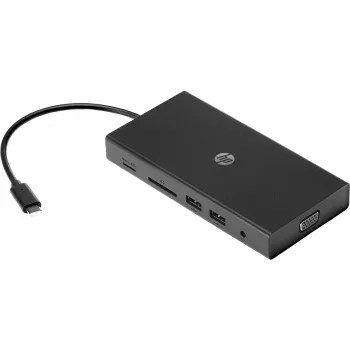 USB-C kelių prievadų stotelė HP Travel – HP 1C1Y5AA, USB-C jungtis, HDMI 2.0, VGA, 1×RJ-45, 2×USB-A 3.2 Gen1, 2×USB 2.0, MicroSD skaitytuvas, juoda