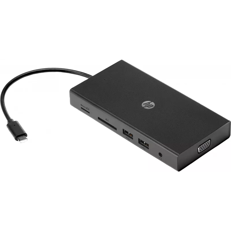 USB-C kelių prievadų stotelė HP Travel – HP 1C1Y5AA, USB-C jungtis, HDMI 2.0, VGA, 1×RJ-45, 2×USB-A 3.2 Gen1, 2×USB 2.0, MicroSD skaitytuvas, juoda