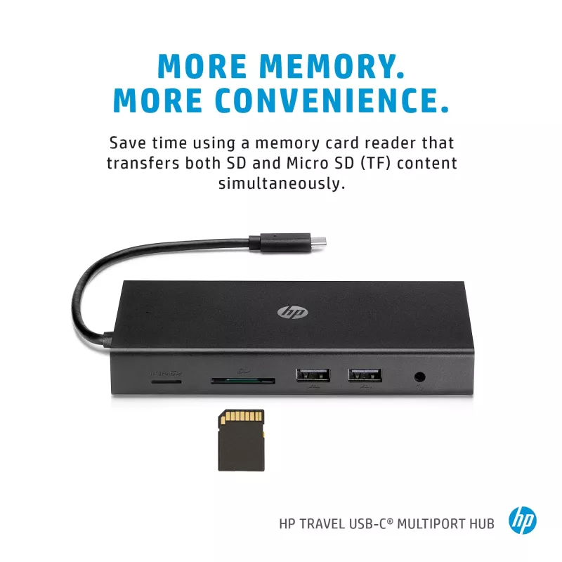 USB-C kelių prievadų stotelė HP Travel – HP 1C1Y5AA, USB-C jungtis, HDMI 2.0, VGA, 1×RJ-45, 2×USB-A 3.2 Gen1, 2×USB 2.0, MicroSD skaitytuvas, juoda
