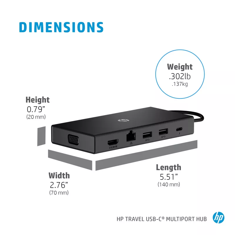 USB-C kelių prievadų stotelė HP Travel – HP 1C1Y5AA, USB-C jungtis, HDMI 2.0, VGA, 1×RJ-45, 2×USB-A 3.2 Gen1, 2×USB 2.0, MicroSD skaitytuvas, juoda