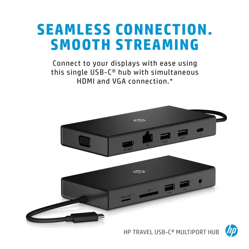 USB-C kelių prievadų stotelė HP Travel – HP 1C1Y5AA, USB-C jungtis, HDMI 2.0, VGA, 1×RJ-45, 2×USB-A 3.2 Gen1, 2×USB 2.0, MicroSD skaitytuvas, juoda