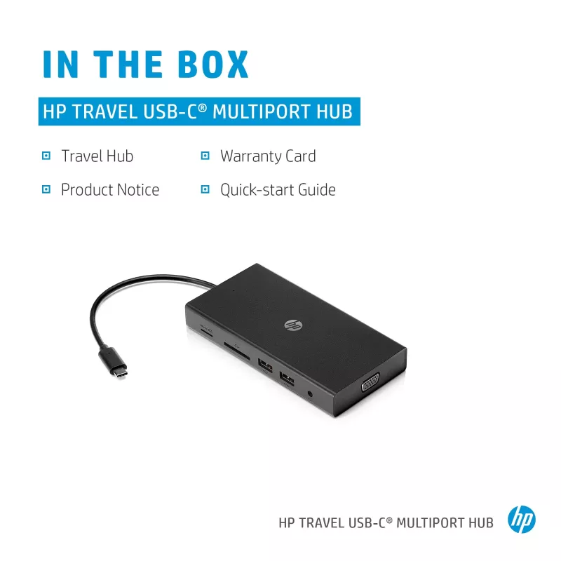 USB-C kelių prievadų stotelė HP Travel – HP 1C1Y5AA, USB-C jungtis, HDMI 2.0, VGA, 1×RJ-45, 2×USB-A 3.2 Gen1, 2×USB 2.0, MicroSD skaitytuvas, juoda