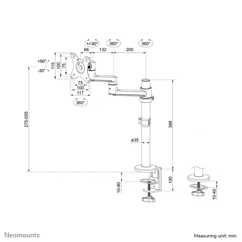 Neomounts DS60-425WH1 Monitorio laikiklis 17-27 colių - taupantis vietą, spaustuvas/įvorė, 8 kg, 43,2 cm (17 col.), 68,6 cm (27 col.), 100 x 100 mm, Baltas