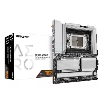 GIGABYTE TRX50 AERO D pagrindinė plokštė – palaiko AMD Ryzen Threadripper 9000 serijos procesorius, 16+8+4 fazių skaitmeninis VRM, iki 7800MHz DDR5 (OC), 3xPCIe 5.0 + 1xPCIe 4.0 M.2, Wi-Fi 7, 10GbE LAN, USB4