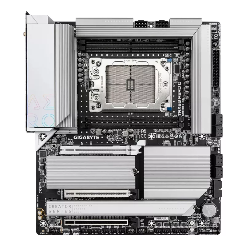 GIGABYTE TRX50 AERO D pagrindinė plokštė – palaiko AMD Ryzen Threadripper 9000 serijos procesorius, 16+8+4 fazių skaitmeninis VRM, iki 7800MHz DDR5 (OC), 3xPCIe 5.0 + 1xPCIe 4.0 M.2, Wi-Fi 7, 10GbE LAN, USB4