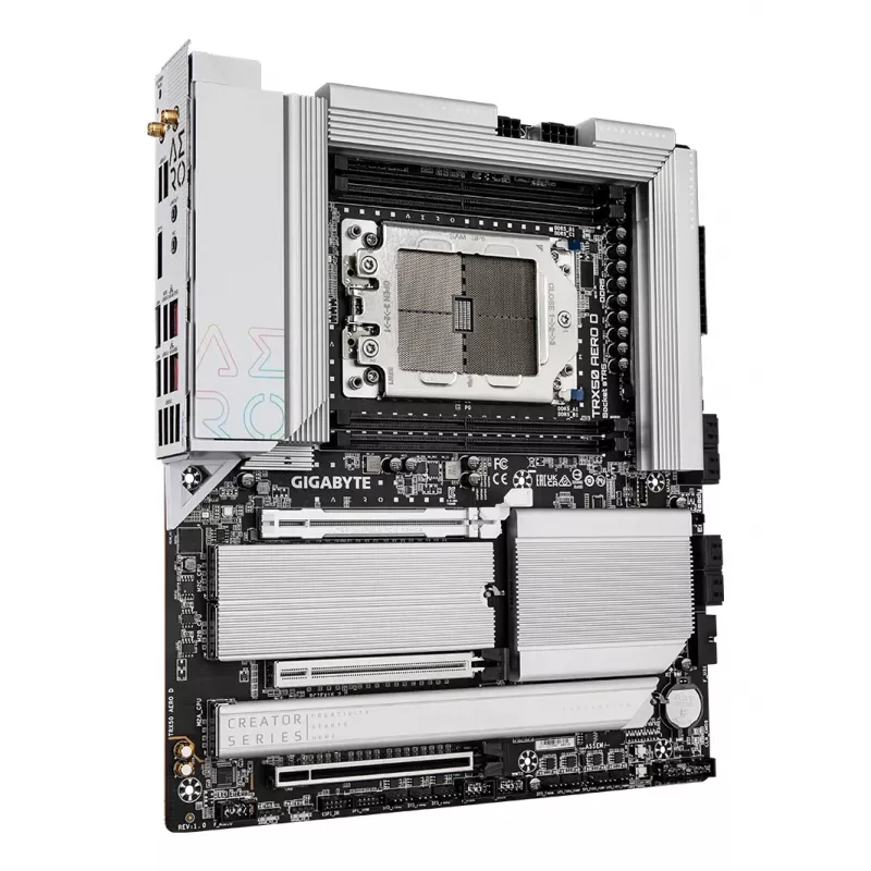 GIGABYTE TRX50 AERO D pagrindinė plokštė – palaiko AMD Ryzen Threadripper 9000 serijos procesorius, 16+8+4 fazių skaitmeninis VRM, iki 7800MHz DDR5 (OC), 3xPCIe 5.0 + 1xPCIe 4.0 M.2, Wi-Fi 7, 10GbE LAN, USB4