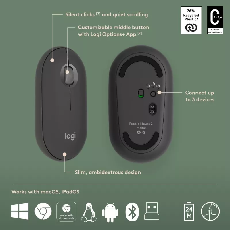 LOGITECH Pebble 2 Combo Tonal Graphite QWERTY US belaidė klaviatūra ir pelė