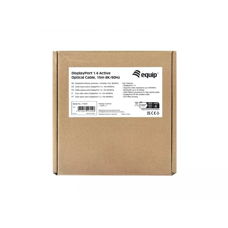 Equip 119441 DisplayPort 1.4 aktyvusis optinis kabelis (AOC), kištukas/kištukas, 15 m, 8K/60Hz, HDCP, juodas