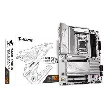 GIGABYTE B650 AORUS ELITE AX ICE pagrindinė plokštė – palaiko AMD Ryzen 9000 procesorius, 12+2+2 fazių skaitmeninis VRM, iki 8000 MHz DDR5 (OC), 1xPCIe 5.0 + 2xPCIe 4.0 M.2, Wi-Fi 6E, 2.5GbE LAN, USB 3.2 Gen 2x2