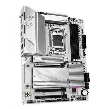 GIGABYTE B650 AORUS ELITE AX ICE pagrindinė plokštė – palaiko AMD Ryzen 9000 procesorius, 12+2+2 fazių skaitmeninis VRM, iki 8000 MHz DDR5 (OC), 1xPCIe 5.0 + 2xPCIe 4.0 M.2, Wi-Fi 6E, 2.5GbE LAN, USB 3.2 Gen 2x2