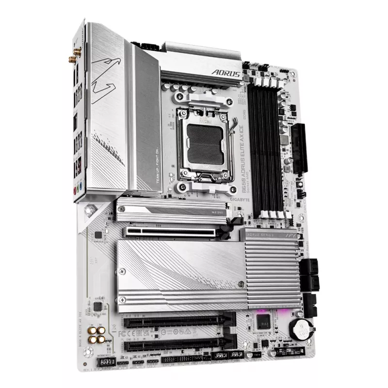 GIGABYTE B650 AORUS ELITE AX ICE pagrindinė plokštė – palaiko AMD Ryzen 9000 procesorius, 12+2+2 fazių skaitmeninis VRM, iki 8000 MHz DDR5 (OC), 1xPCIe 5.0 + 2xPCIe 4.0 M.2, Wi-Fi 6E, 2.5GbE LAN, USB 3.2 Gen 2x2