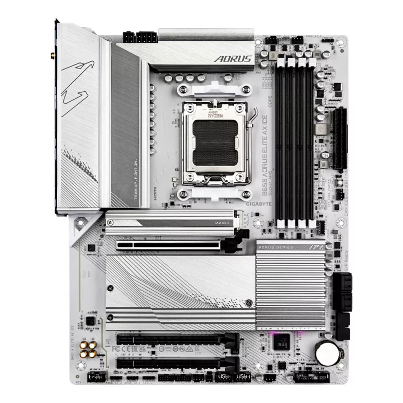 GIGABYTE B650 AORUS ELITE AX ICE pagrindinė plokštė – palaiko AMD Ryzen 9000 procesorius, 12+2+2 fazių skaitmeninis VRM, iki 8000 MHz DDR5 (OC), 1xPCIe 5.0 + 2xPCIe 4.0 M.2, Wi-Fi 6E, 2.5GbE LAN, USB 3.2 Gen 2x2