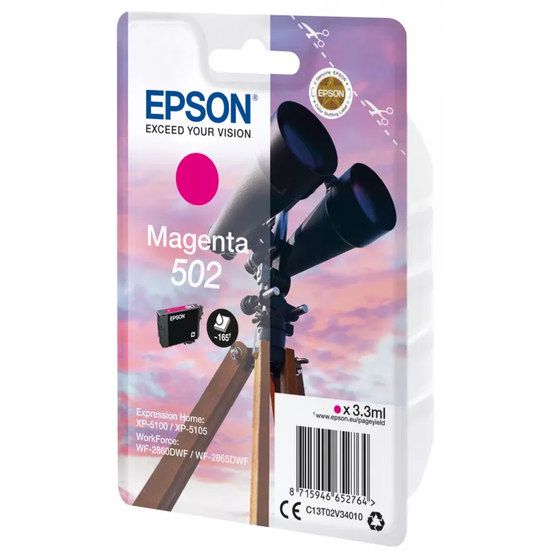 Epson Singlepack Magenta 502 rašalinė kasetė, standartinė talpa, rausvai violetinė, pigmentinis rašalas, 3,3 ml, 1 vnt., 165 puslapių