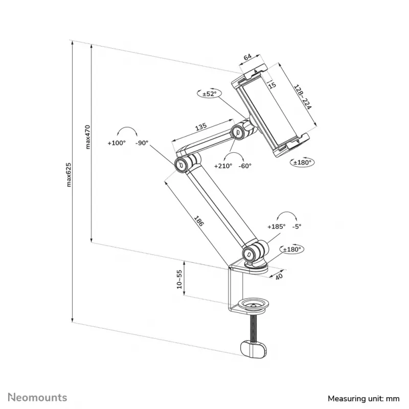 Neomounts DS15-545WH1 Laikiklis planšetei su spaustuku 4.7-12.9 col. - universalus - pilnas judesys