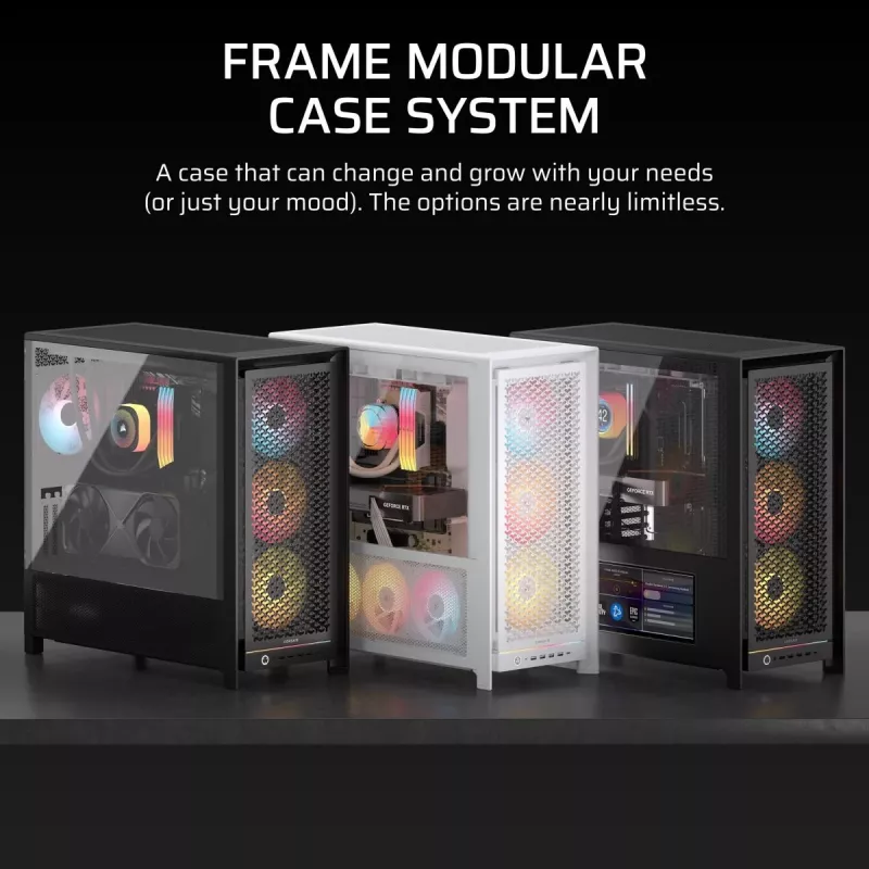 Korpusas CORSAIR FRAME 5000D RS ARGB Midi Tower Juodas — ATX, palaiko 3x140mm priekinius ventiliatorius, 2.5/3.5 colio diskus