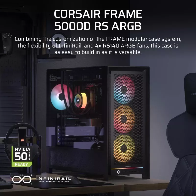 Korpusas CORSAIR FRAME 5000D RS ARGB Midi Tower Juodas — ATX, palaiko 3x140mm priekinius ventiliatorius, 2.5/3.5 colio diskus