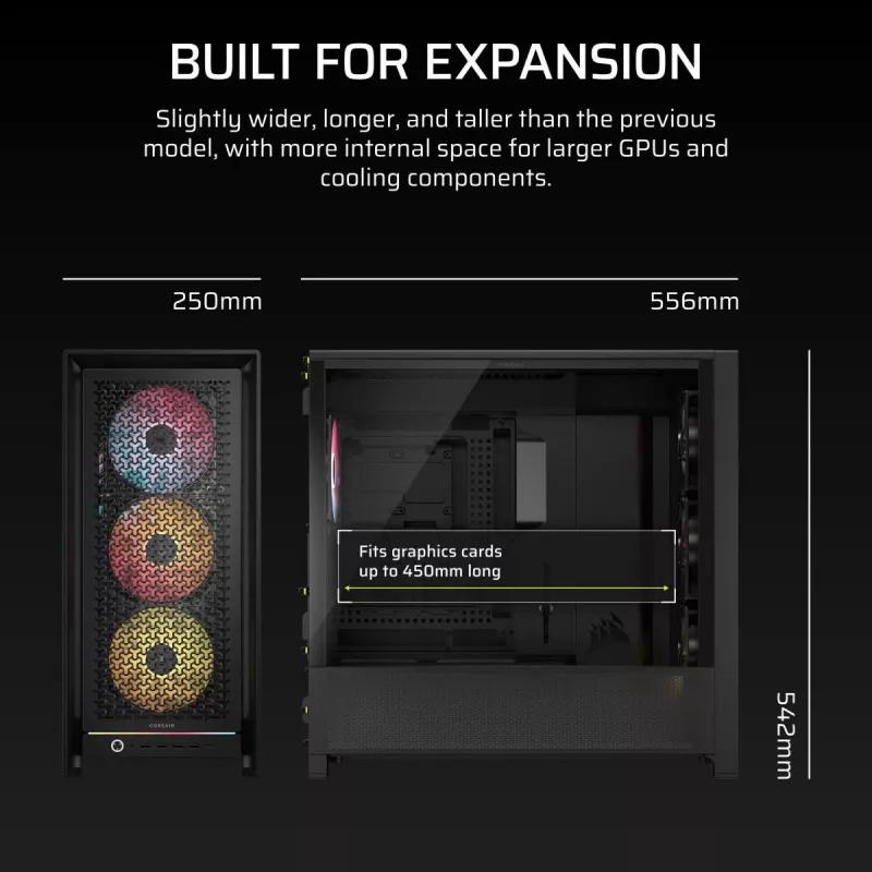 Korpusas CORSAIR FRAME 5000D RS ARGB Midi Tower Juodas — ATX, palaiko 3x140mm priekinius ventiliatorius, 2.5/3.5 colio diskus