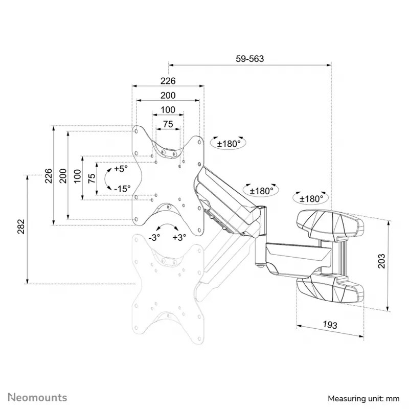 Neomounts TV sieninis laikiklis WL70-550BL12 23-42 coliai 30 kg juodas