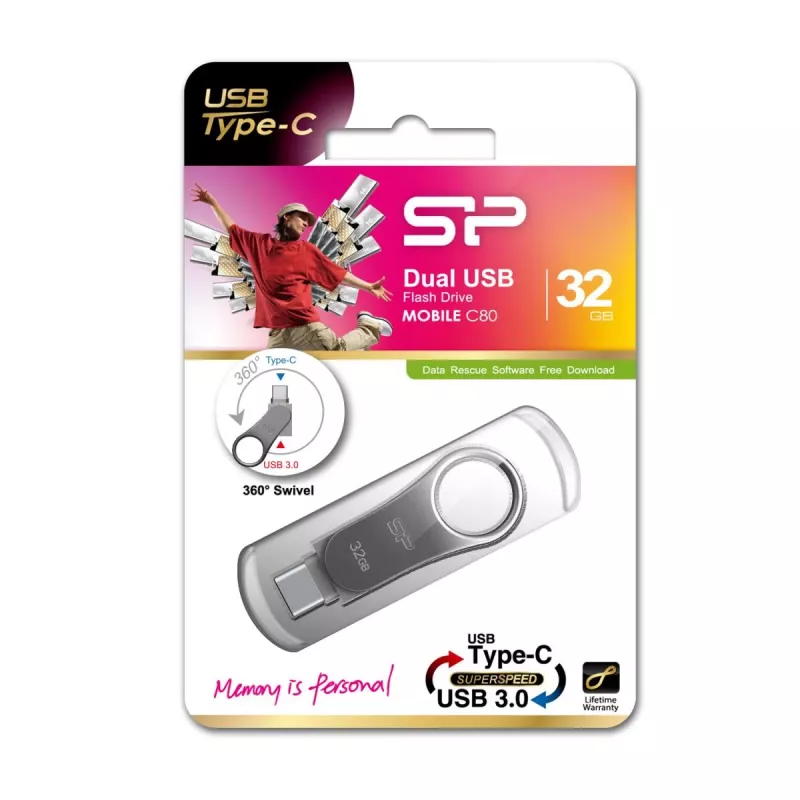 SILICON POWER Mobile C80 - 32GB Dviguba USB atmintinė - Type-C / Type-A - Pilka