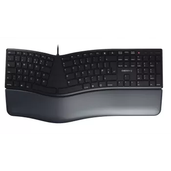 Laidinė ergonominė pilno dydžio klaviatūra Cherry KC 4500 ERGO juoda USB QWERTY UK 109 klavišų išlenktas išdėstymas riešo atrama 1,8 m laidas