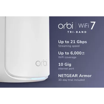NETGEAR Orbi 870 triju dažnių juostų (2.4 GHz / 5 GHz / 6 GHz) Wi-Fi 7 (802.11be) maršrutizatorius, baltas, 4 vidinės antenos