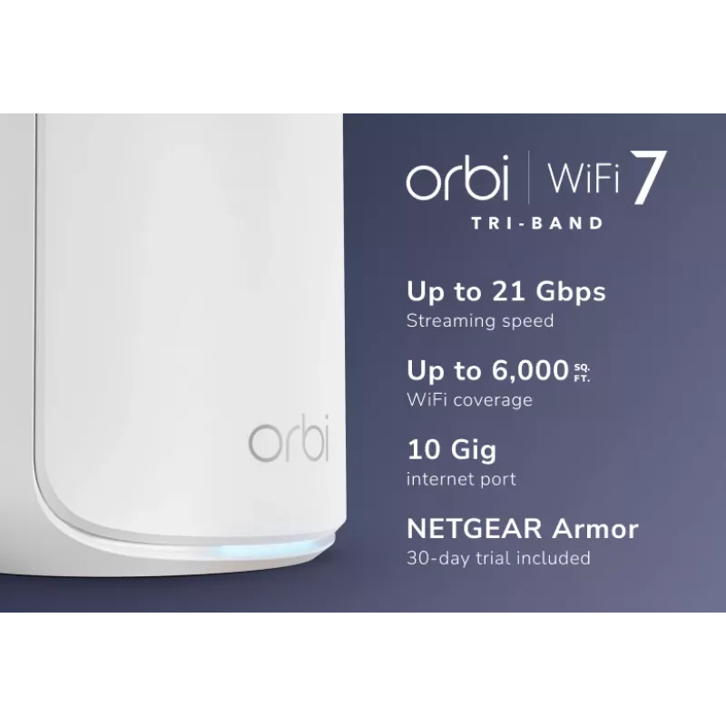 NETGEAR Orbi 870 triju dažnių juostų (2.4 GHz / 5 GHz / 6 GHz) Wi-Fi 7 (802.11be) maršrutizatorius, baltas, 4 vidinės antenos