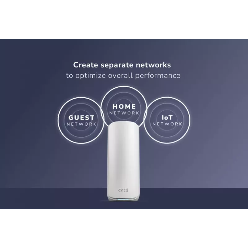 NETGEAR Orbi 870 triju dažnių juostų (2.4 GHz / 5 GHz / 6 GHz) Wi-Fi 7 (802.11be) maršrutizatorius, baltas, 4 vidinės antenos