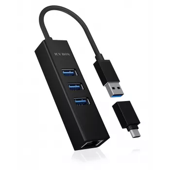 ICY BOX IB-HUB1419-LAN USB 3.2 Gen 1 (3.1 Gen 1) Type-A juodas USB skirstytuvas su LAN prievadu
