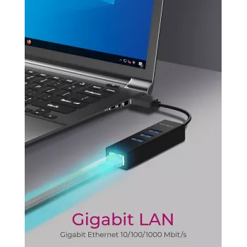 ICY BOX IB-HUB1419-LAN USB 3.2 Gen 1 (3.1 Gen 1) Type-A juodas USB skirstytuvas su LAN prievadu