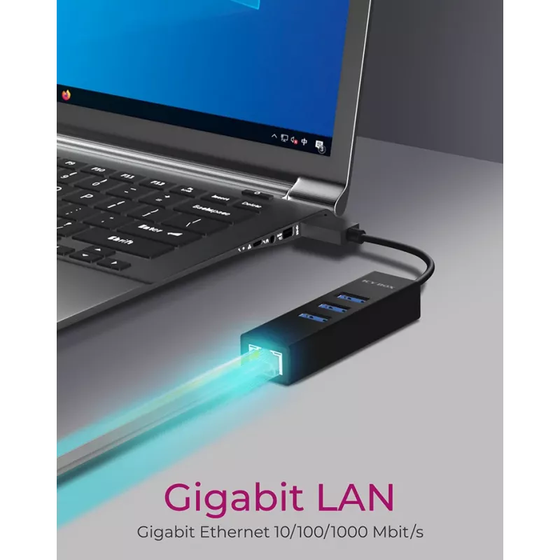 ICY BOX IB-HUB1419-LAN USB 3.2 Gen 1 (3.1 Gen 1) Type-A juodas USB skirstytuvas su LAN prievadu