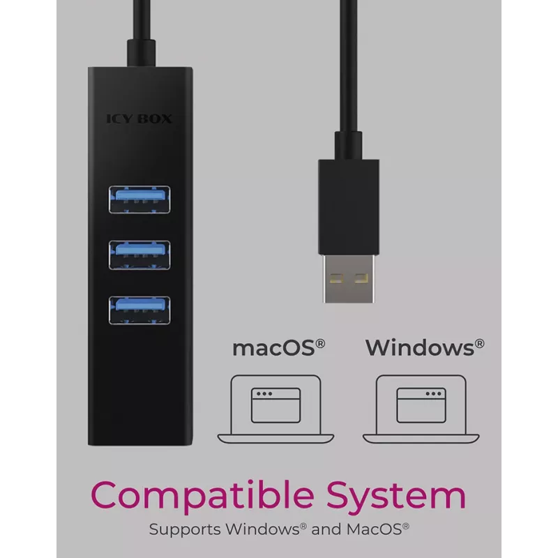 ICY BOX IB-HUB1419-LAN USB 3.2 Gen 1 (3.1 Gen 1) Type-A juodas USB skirstytuvas su LAN prievadu