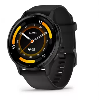 GARMIN Venu 3 – juodas korpusas su nerūdijančio plieno rėmeliu ir silikoniniu dirželiu – 45 mm