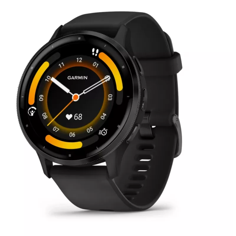 GARMIN Venu 3 – juodas korpusas su nerūdijančio plieno rėmeliu ir silikoniniu dirželiu – 45 mm