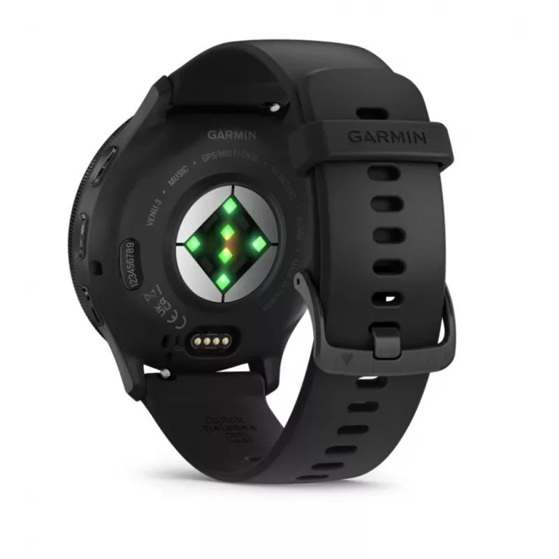 GARMIN Venu 3 – juodas korpusas su nerūdijančio plieno rėmeliu ir silikoniniu dirželiu – 45 mm