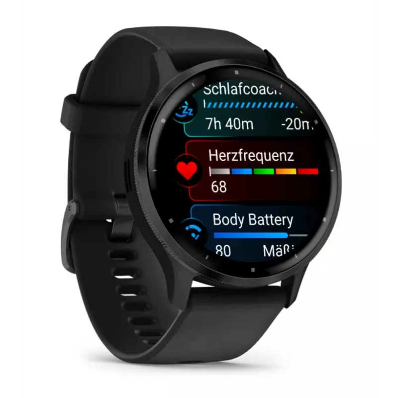 GARMIN Venu 3 – juodas korpusas su nerūdijančio plieno rėmeliu ir silikoniniu dirželiu – 45 mm