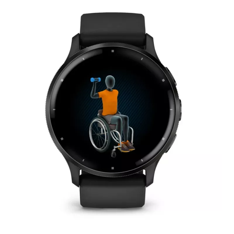 GARMIN Venu 3 – juodas korpusas su nerūdijančio plieno rėmeliu ir silikoniniu dirželiu – 45 mm