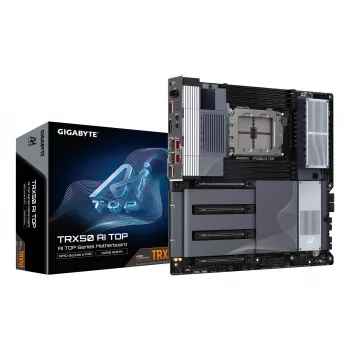 Pagrindinė plokštė GIGABYTE TRX50 AI TOP-2B – AMD Ryzen Threadripper PRO 7000, 16+8+4 fazių VRM, DDR5 iki 5200 MHz, 4xPCIe 5.0 M.2, Wi-Fi 7, 10 GbE LAN, USB 4