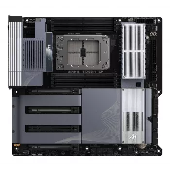 Pagrindinė plokštė GIGABYTE TRX50 AI TOP-2B – AMD Ryzen Threadripper PRO 7000, 16+8+4 fazių VRM, DDR5 iki 5200 MHz, 4xPCIe 5.0 M.2, Wi-Fi 7, 10 GbE LAN, USB 4