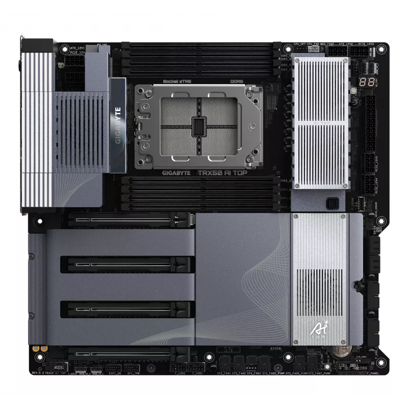 Pagrindinė plokštė GIGABYTE TRX50 AI TOP-2B – AMD Ryzen Threadripper PRO 7000, 16+8+4 fazių VRM, DDR5 iki 5200 MHz, 4xPCIe 5.0 M.2, Wi-Fi 7, 10 GbE LAN, USB 4