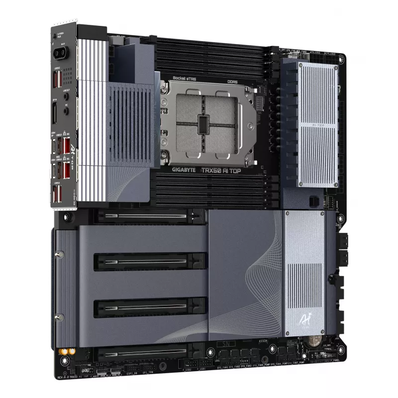 Pagrindinė plokštė GIGABYTE TRX50 AI TOP-2B – AMD Ryzen Threadripper PRO 7000, 16+8+4 fazių VRM, DDR5 iki 5200 MHz, 4xPCIe 5.0 M.2, Wi-Fi 7, 10 GbE LAN, USB 4