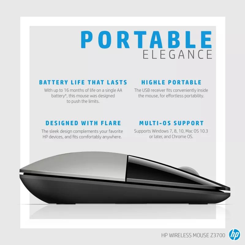 HP Z3700 belaidė mėlyna pelė, ambidekstrinė, optinė, RF belaidė, 1200 DPI, mėlyna