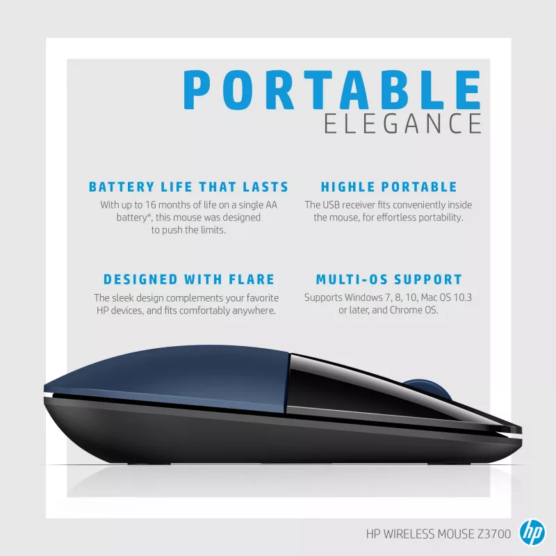 HP Z3700 belaidė mėlyna pelė, ambidekstrinė, optinė, RF belaidė, 1200 DPI, mėlyna