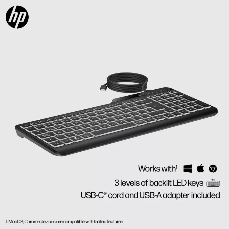 HP 405 kelių įrenginių apšviesta laidinė klaviatūra, viso dydžio (100 %), laidinė, USB, membraninė, juoda