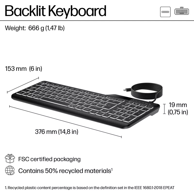 HP 405 kelių įrenginių apšviesta laidinė klaviatūra, viso dydžio (100 %), laidinė, USB, membraninė, juoda