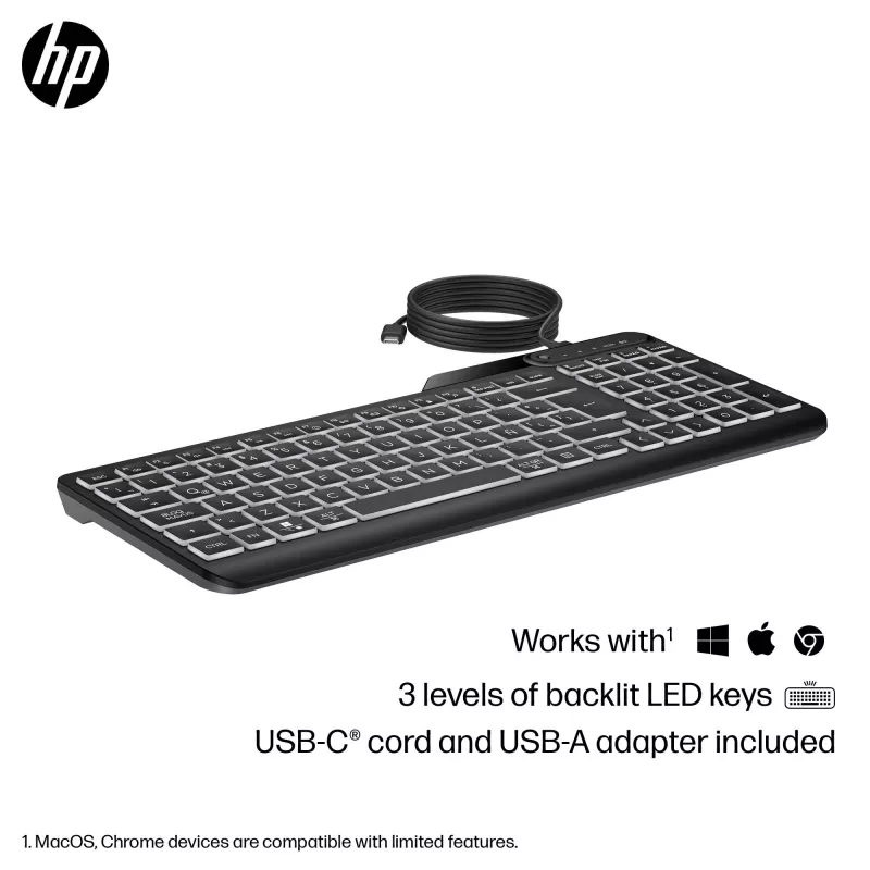 HP 405 kelių įrenginių apšviesta laidinė klaviatūra, viso dydžio (100 %), laidinė, USB, membraninė, juoda