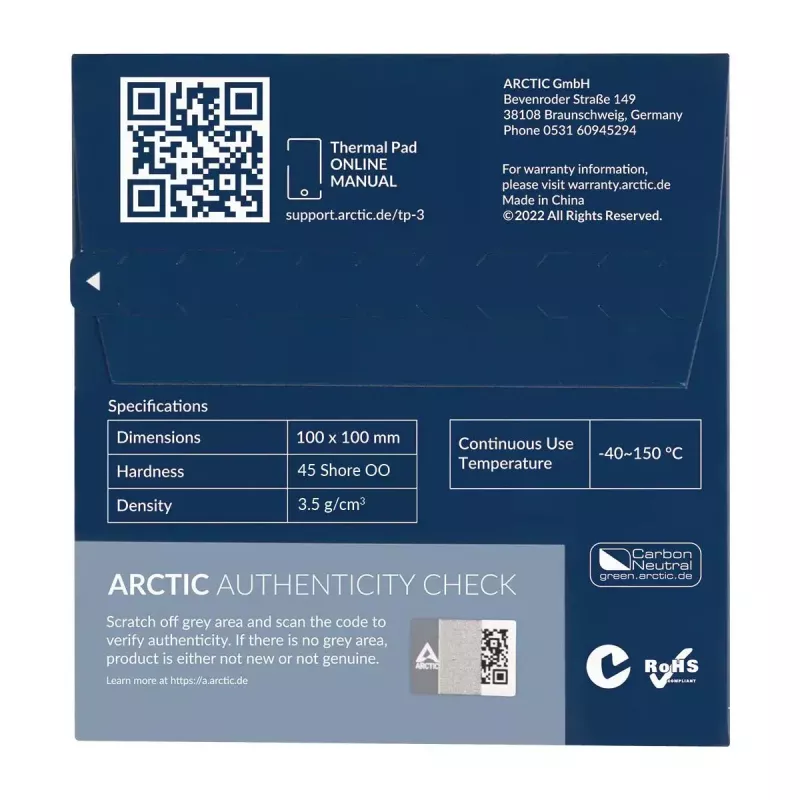 ARCTIC TP-3 Premium našumo šiluminė pagalvėlė 100 x 100 mm, 1.5 mm