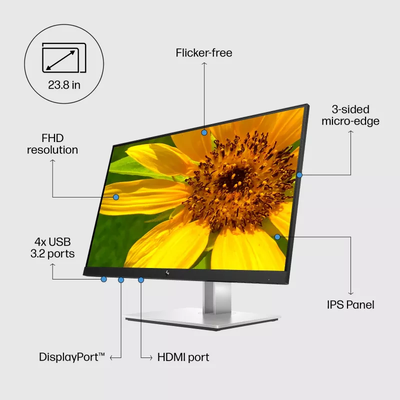 HP E-Series E24 G4 FHD monitorius, 60,5 cm (23,8 colio), 1920 x 1080 pikselių, Full HD, LCD, 5 ms, juodas