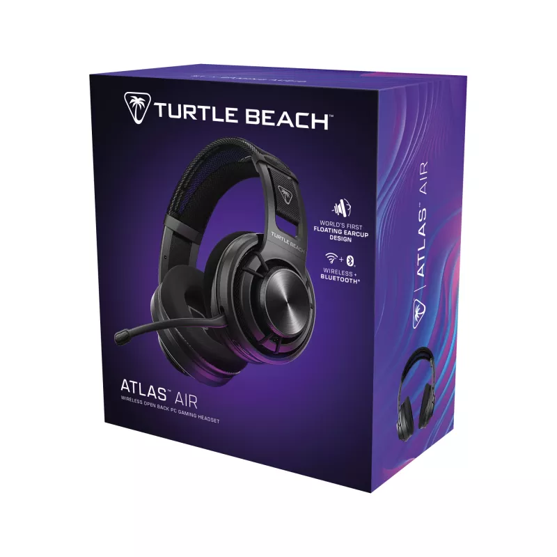 Turtle Beach Atlas Air belaidžiai atviro tipo ausinės žaidimams su 24 bitų aukštos ištikimybės garsu, transliacijų klasės mikrofonu, plūduriuojančiais ausų gaubtais, atminties putų pagalvėlėmis ir Bluetooth ryšiu, skirtos asmeniniams kompiuteriams